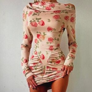 Off-Shoulder Floral Ruched Mini Dress in Blush Rose